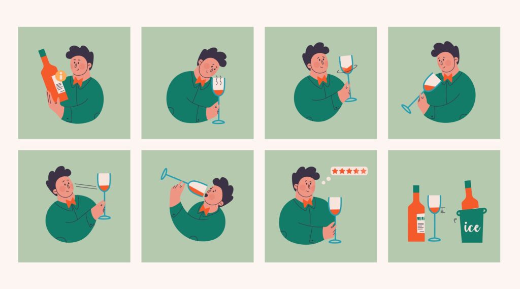 Comic in acht Bildern, das zeigt, wie man Wein verkostet