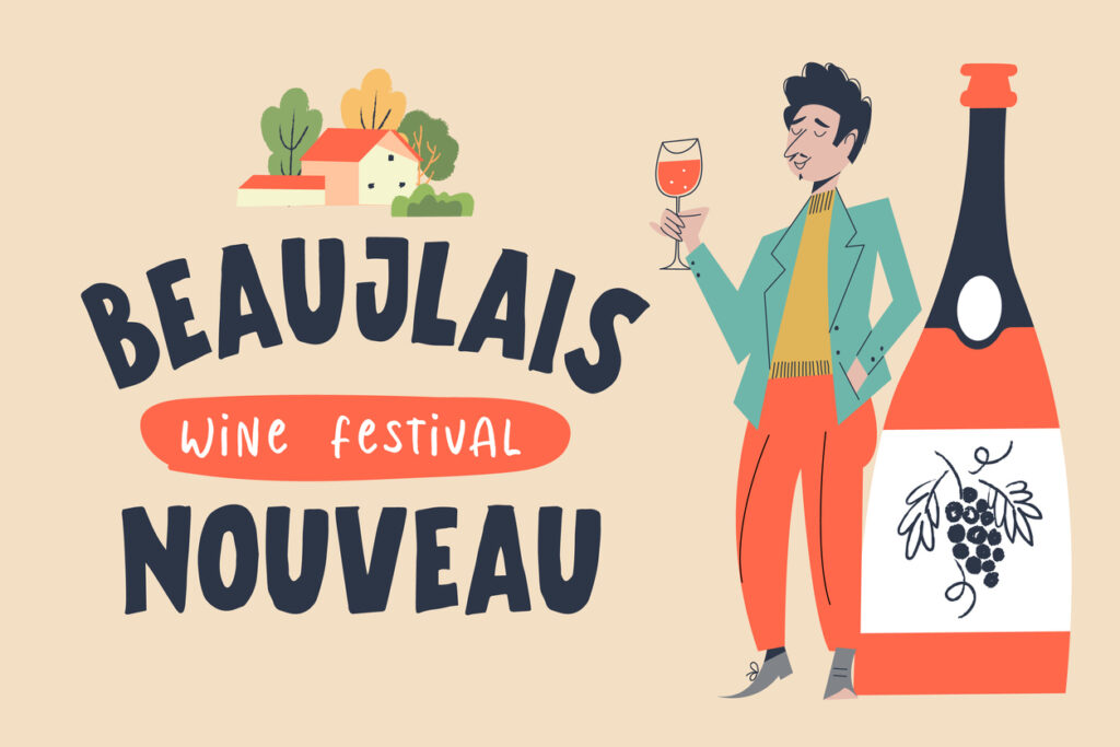 Zeichnung eines Mannes, der neben einer riesigen Weinflasche mit Beaujolais Nouveau steht