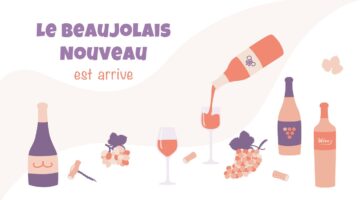 Grafik zu Le Beaujolais Nouveau est arrivé mit Weinflaschen, Weingläsern und Weintrauben