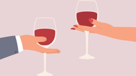 Comic von einer weiblichen und einer männlichen Hand, die sich mit einem Glas Rotwein zuprosten
