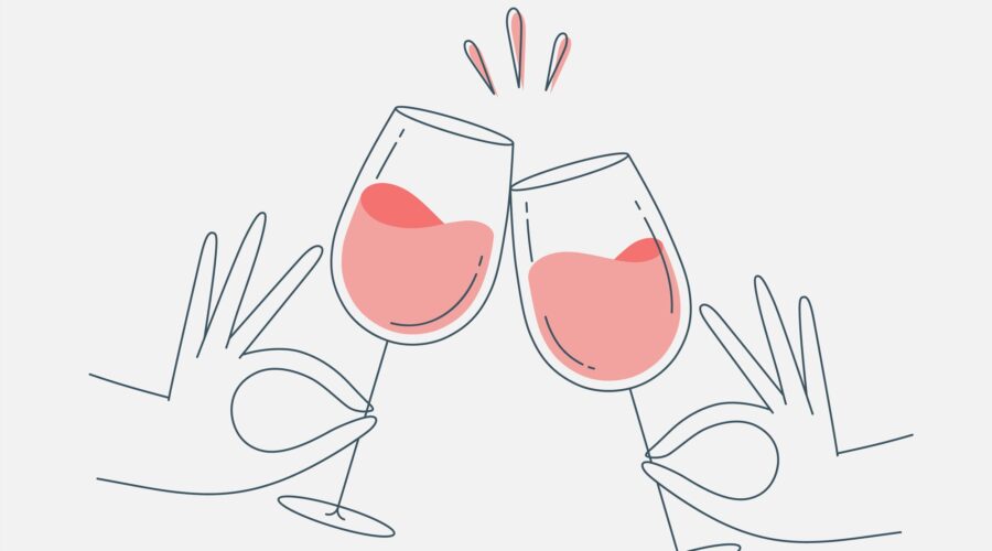 Zeichnung von zwei Händen, die mit Roséwein im Glas anstoßen
